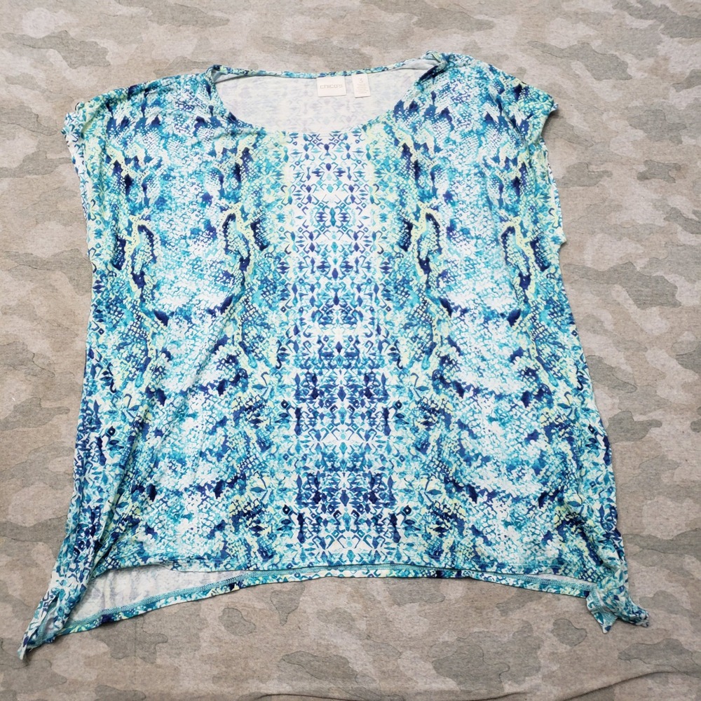 Chico's Top Women Size 3 Green Rayon Scoop Neck Short Sleeve